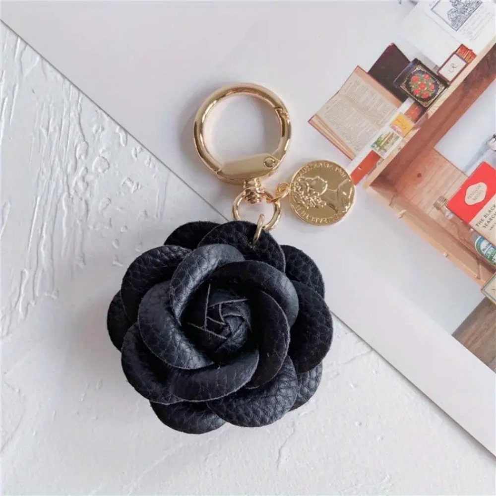 NWT Black Leather Camellia Bag or Key Charm